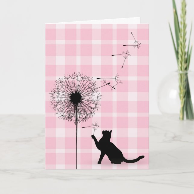 Black cat and dandelion seeds birthday card (Front)