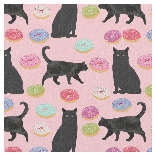 black cat and donuts pink pattern fabric (Close Up)