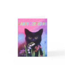 BLACK CAT AND FLOWERS BIRTHDAY CARD