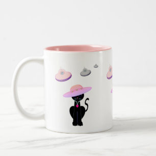 Black Cat and Flying Saucers Two-Tone Coffee Mug