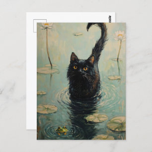 Black Cat and Frog in Lily Pond Postcard
