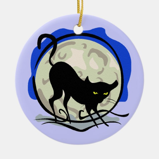 Black Cat and Full Moon Blue Background, ZSSG Ceramic Ornament (Front)
