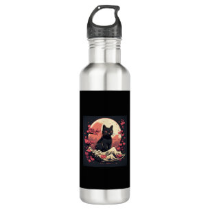 Black Cat and Full Moon Cherry Blossom Accents  710 Ml Water Bottle