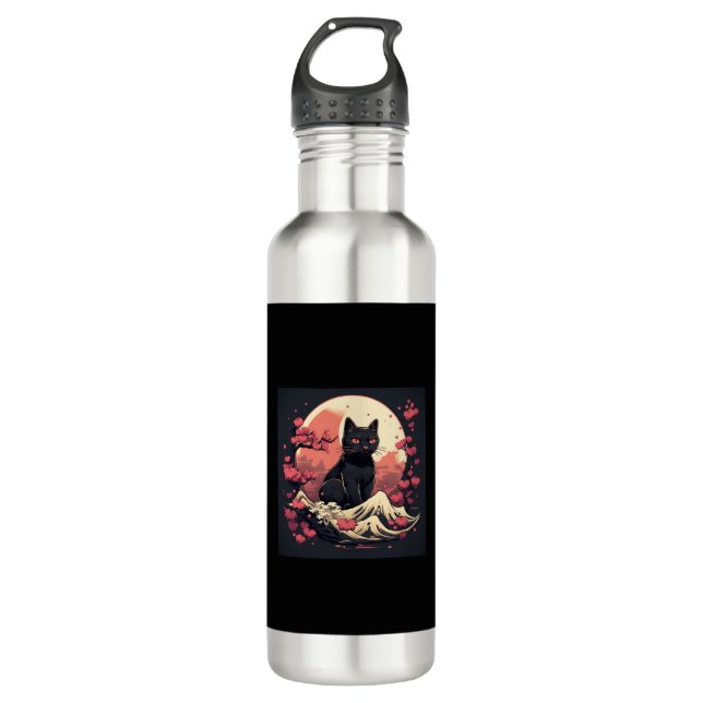 Black Cat and Full Moon Cherry Blossom Accents  710 Ml Water Bottle (Front)