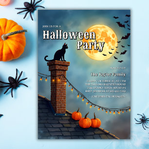 Black Cat and Full Moon Halloween Party Invitation