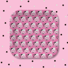Black Cat and Ghost Pattern Pink Paper Plate 