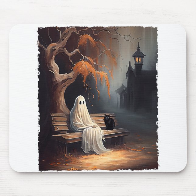 Black Cat And Ghost Sitting On Bench Halloween Dar Mouse Pad (Front)