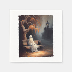 Black Cat And Ghost Sitting On Bench Halloween Dar Napkin