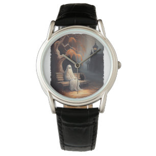 Black Cat And Ghost Sitting On Bench Halloween Dar Watch