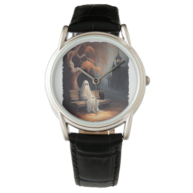 Black Cat And Ghost Sitting On Bench Halloween Dar Watch (Front)