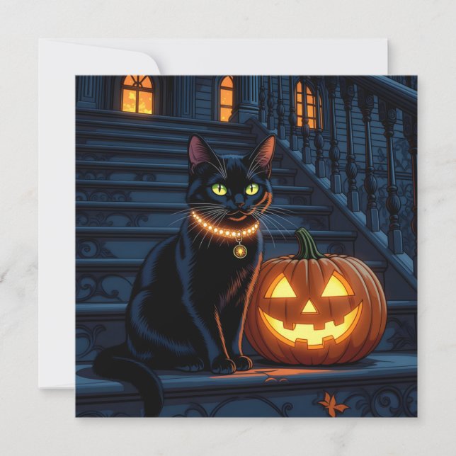 Black Cat and Glowing Pumpkin Halloween   (Front)