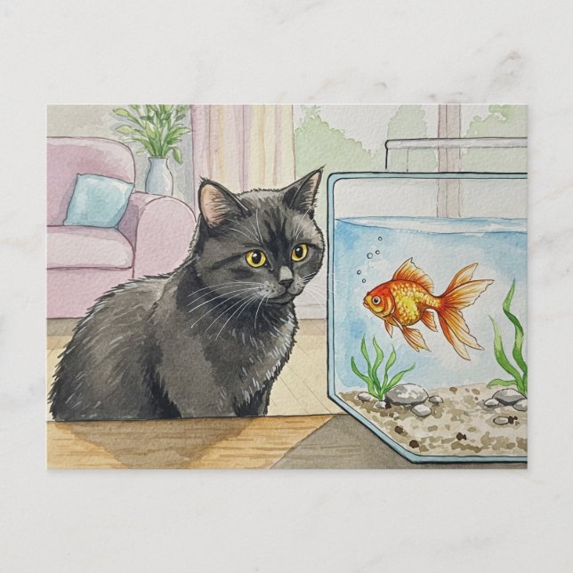 Black Cat and Goldfish Postcard (Front)