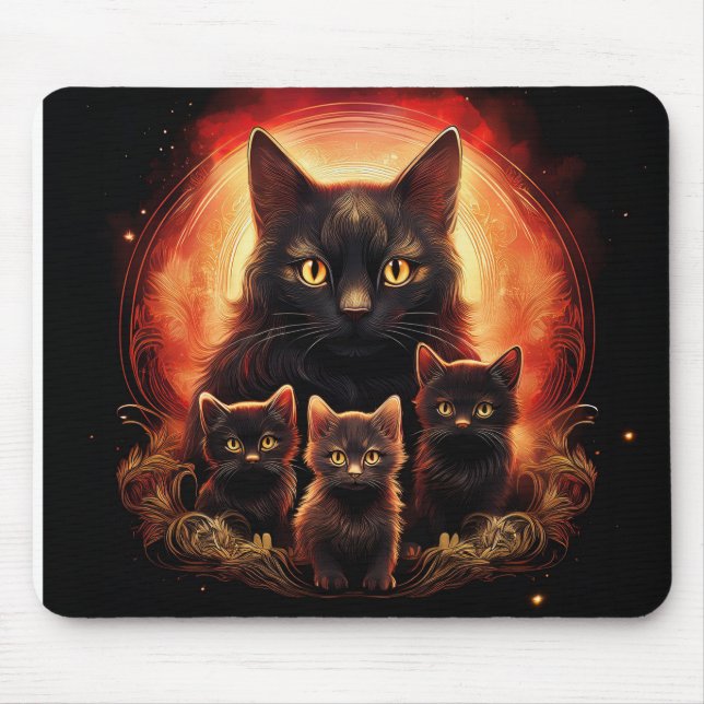 Black Cat And Her Three Kittens Mouse Pad (Front)
