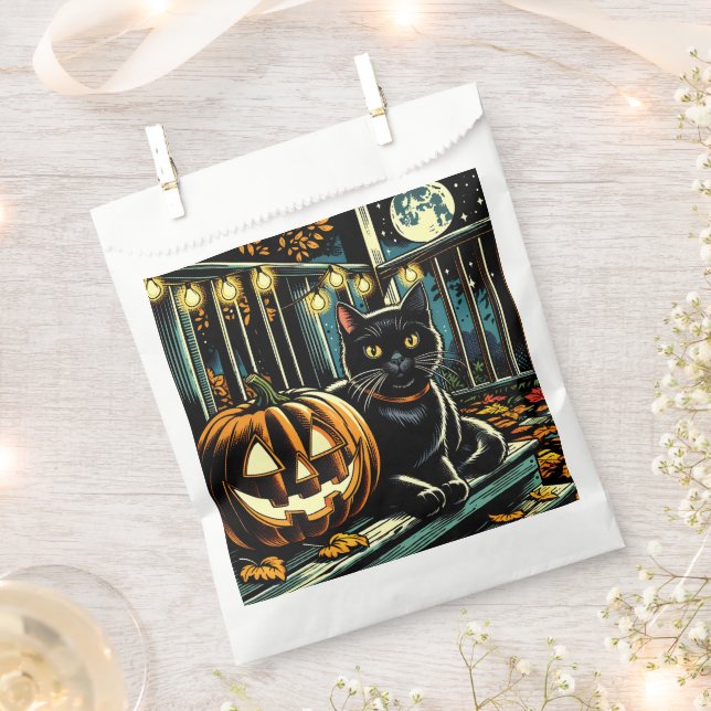 Black Cat and Jack-O-Lantern Halloween Favour Bag (Clipped)