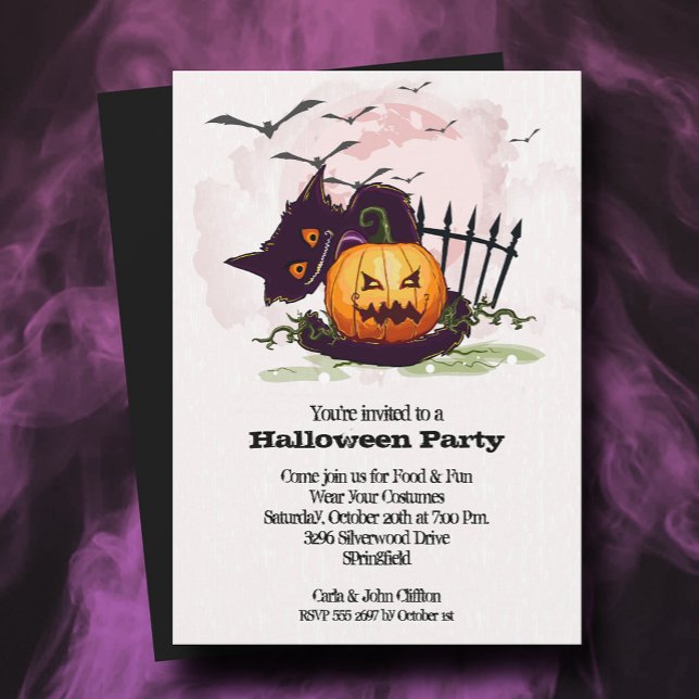 Black Cat and Jack o' Lantern Halloween Invitation (Black Cat and Jack o' Lantern Halloween Party Invitations)
