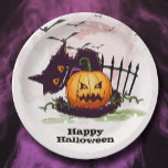 Black Cat and Jack o' Lantern Halloween Paper Plate<br><div class="desc">Bats in the sky fly above a scared black cat and a creepy leering jack o' lantern on these Happy Halloween party paper plates. Fun for Halloween parties and Halloween birthday parties. MATCHING items in our collection.</div>