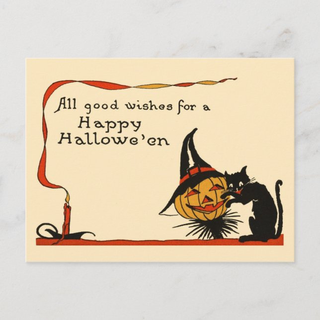 Black Cat and Jack-o-Lantern Postcard (Front)