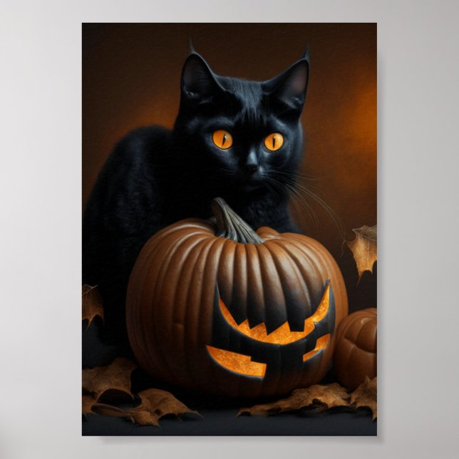 Black Cat and Jack-O-Lantern Poster (Front)