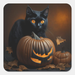 Black Cat and Jack-O-Lantern Square Sticker