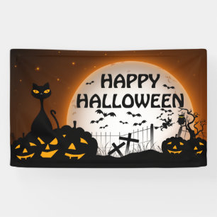 Black cat and Jack o Lanterns black and orange Banner