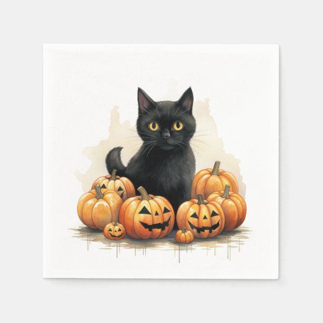 Black Cat and Jack-O-Lanterns  Napkin (Front)