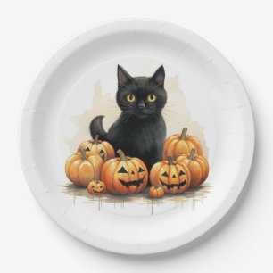 Black Cat and Jack-O-Lanterns Paper Plate