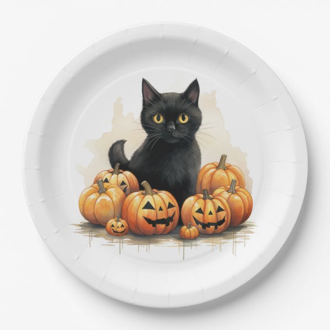 Black Cat and Jack-O-Lanterns  Paper Plate (Front)