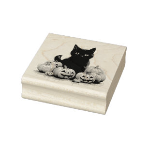 Black Cat and Jack-o-lanterns Rubber Stamp