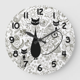 Black Cat and Kittens in Black and White Garden Large Clock