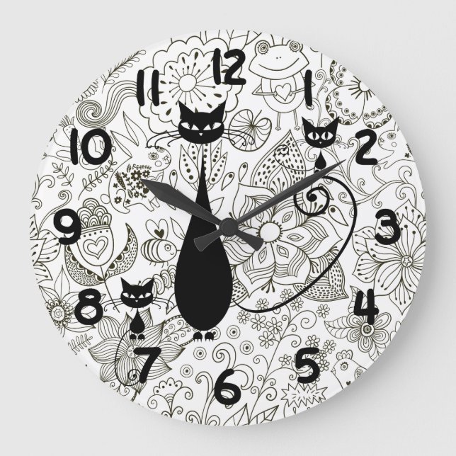 Black Cat and Kittens in Black and White Garden Large Clock (Front)