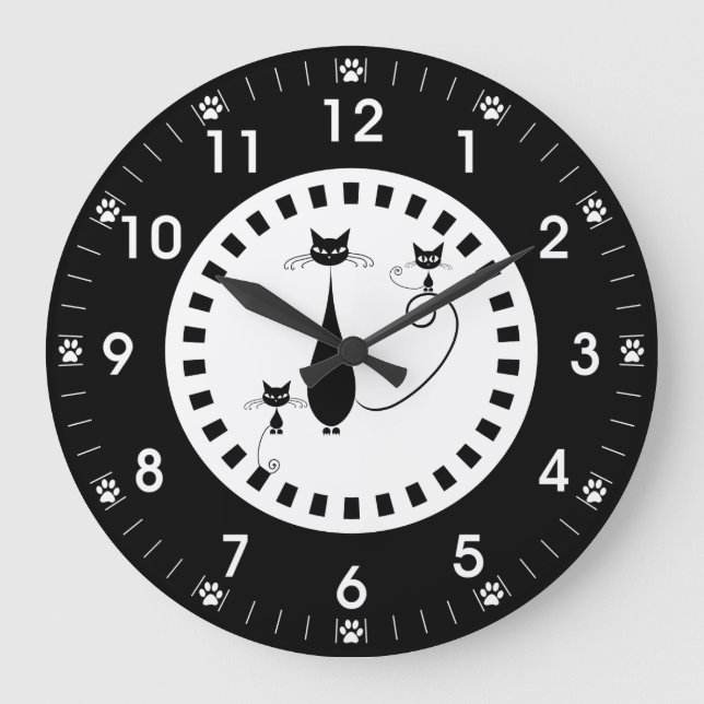 Black Cat and Kittens with Paw Prints Large Clock (Front)