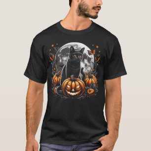 Black Cat and Moon Halloween Pumpkin Jack O Lanter T-Shirt