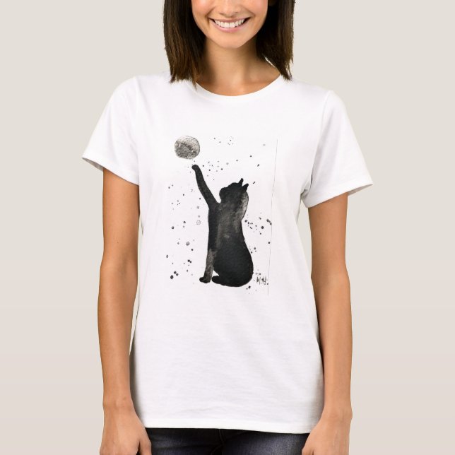 Black cat and moon pet kitten watercolor T-Shirt (Front)