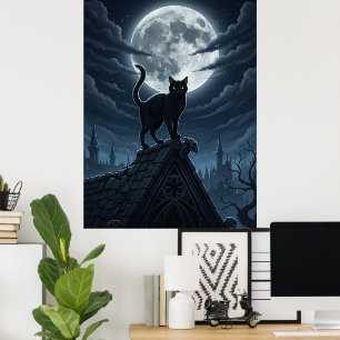 Black Cat and Moon Poster