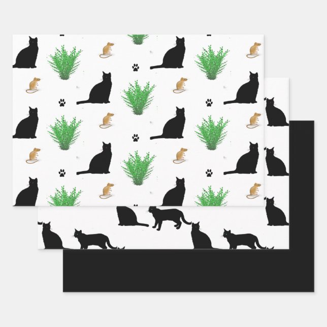Black Cat and Mouse Pattern  Wrapping Paper Sheet (Set)