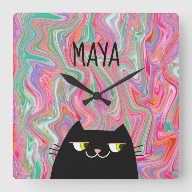 Black Cat and Pink Artsy Pattern Monogram Name Square Wall Clock (Front)
