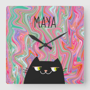 Black Cat and Pink Artsy Pattern Monogram Name Square Wall Clock
