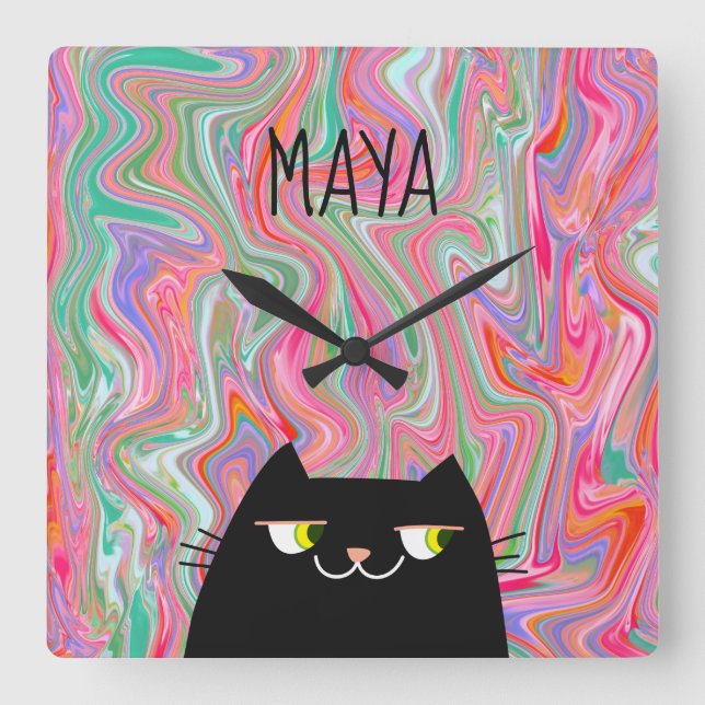Black Cat and Pink Artsy Pattern Monogram Name Square Wall Clock (Front)