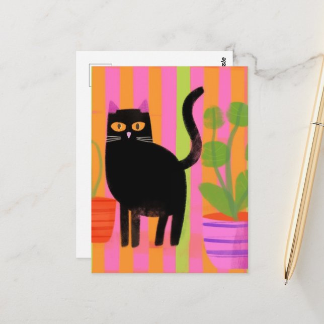 Black Cat and Plants Postcard (Front/Back In Situ)