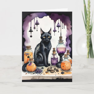 Black Cat and Potions Halloween Holiday Card