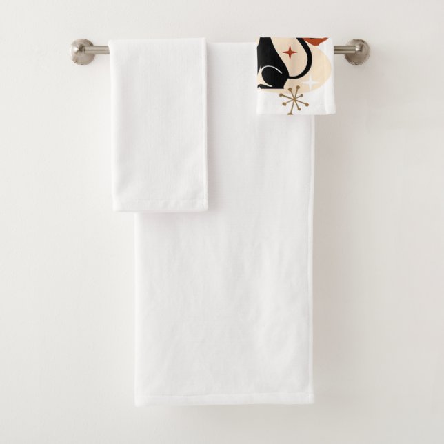 Black Cat and Pumpkin Atomic Retro Halloween Bath Towel Set (Insitu)