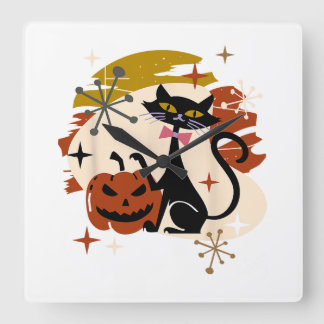 Black Cat and Pumpkin Atomic Retro Halloween Square Wall Clock