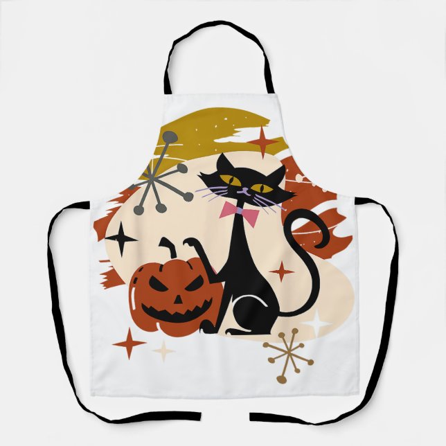 Black Cat and Pumpkin Atomic Retro Halloween T-Shi Apron (Front)