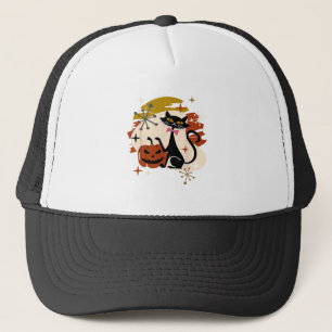 Black Cat and Pumpkin Atomic Retro Halloween Trucker Hat