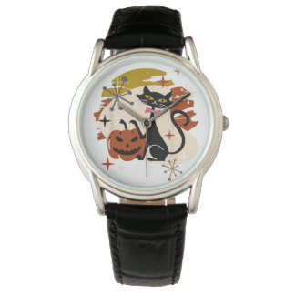 Black Cat and Pumpkin Atomic Retro Halloween Watch