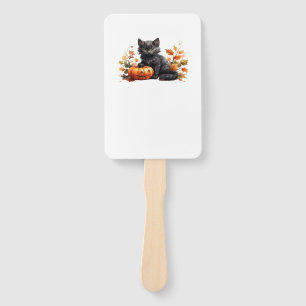 Black Cat and Pumpkin Cute Halloween Watercolor D Hand Fan