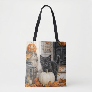 Black Cat and Pumpkin Farmhouse Halloween Tote Bag