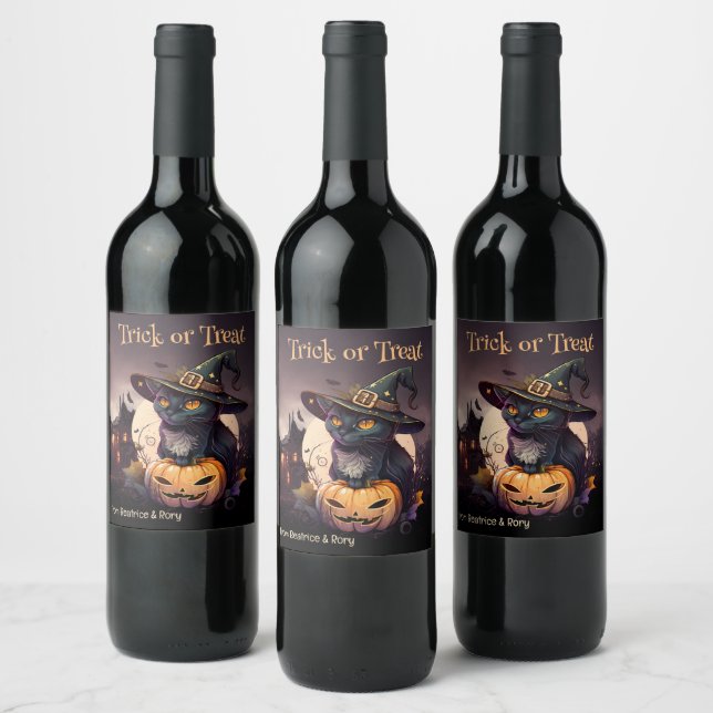 Black Cat and Pumpkin Halloween Party Invitation Wine Label (Bottles)