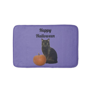 Black Cat and Pumpkin Happy Halloween Purple Bath Mat