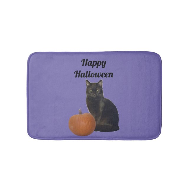 Black Cat and Pumpkin Happy Halloween Purple Bath Mat (Front)